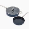 Space Folding Handle Ceramic Non-stick 3-piece Blue Cookware Set