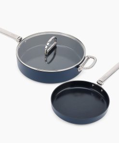 Space Folding Handle Ceramic Non-stick 3-piece Blue Cookware Set