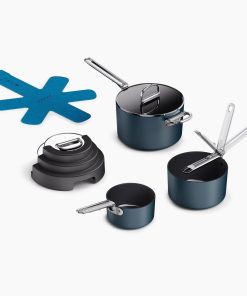 Space Stack Folding Handle Non-Stick 7-Piece Blue Saucepan Set With Lid Storage