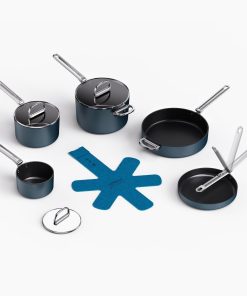 Space Folding Handle Ceramic Non-Stick 8-Piece Blue Cookware Set