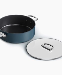 Space Folding Handle Ceramic Non-stick 5 Qt. Blue Shallow Casserole Pan & Lid