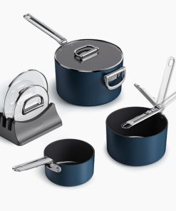 Space Folding Handle Ceramic Non-stick 6-piece Blue Saucepan Set