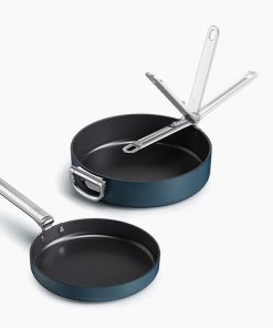 Space Folding Handle Ceramic Non-stick 2-piece Blue Pan Set